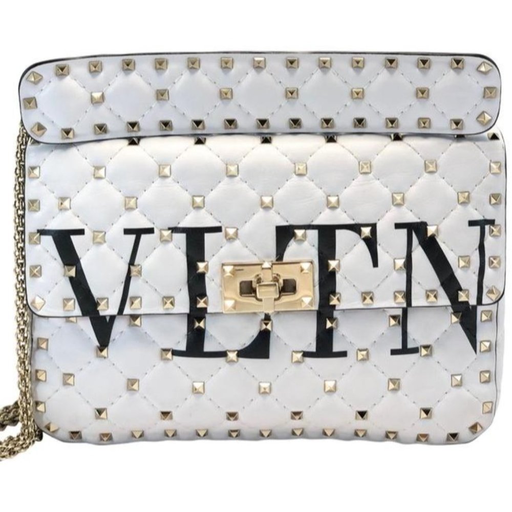 VALENTINO Rockstud Spike VLTN Medium White Leather Shoulder Bag